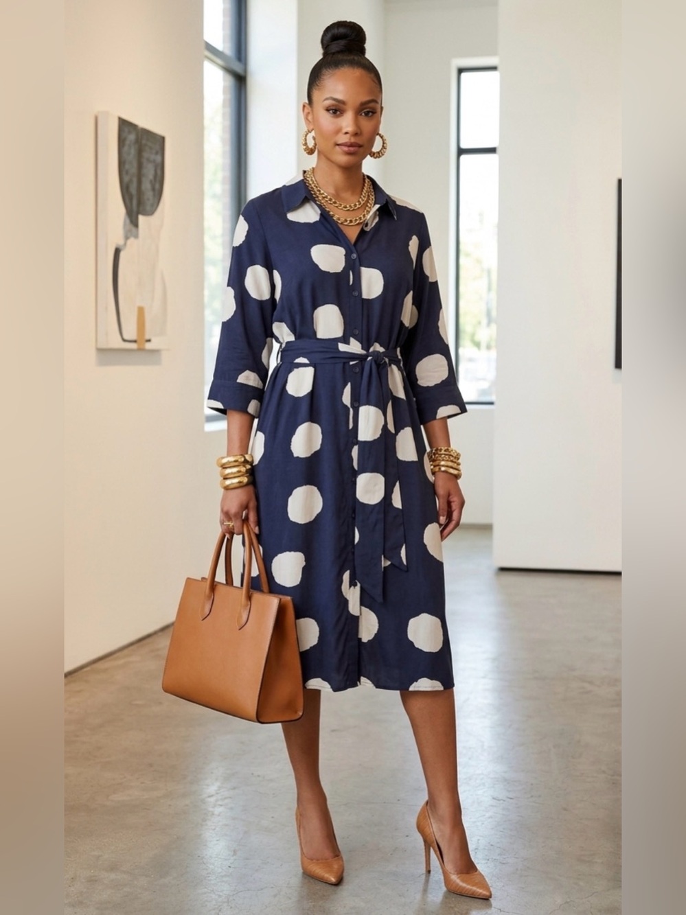 Ashley Stewart Navy Blue and White Polka Dot Midi Shirt Dress - Picture 1 of 5